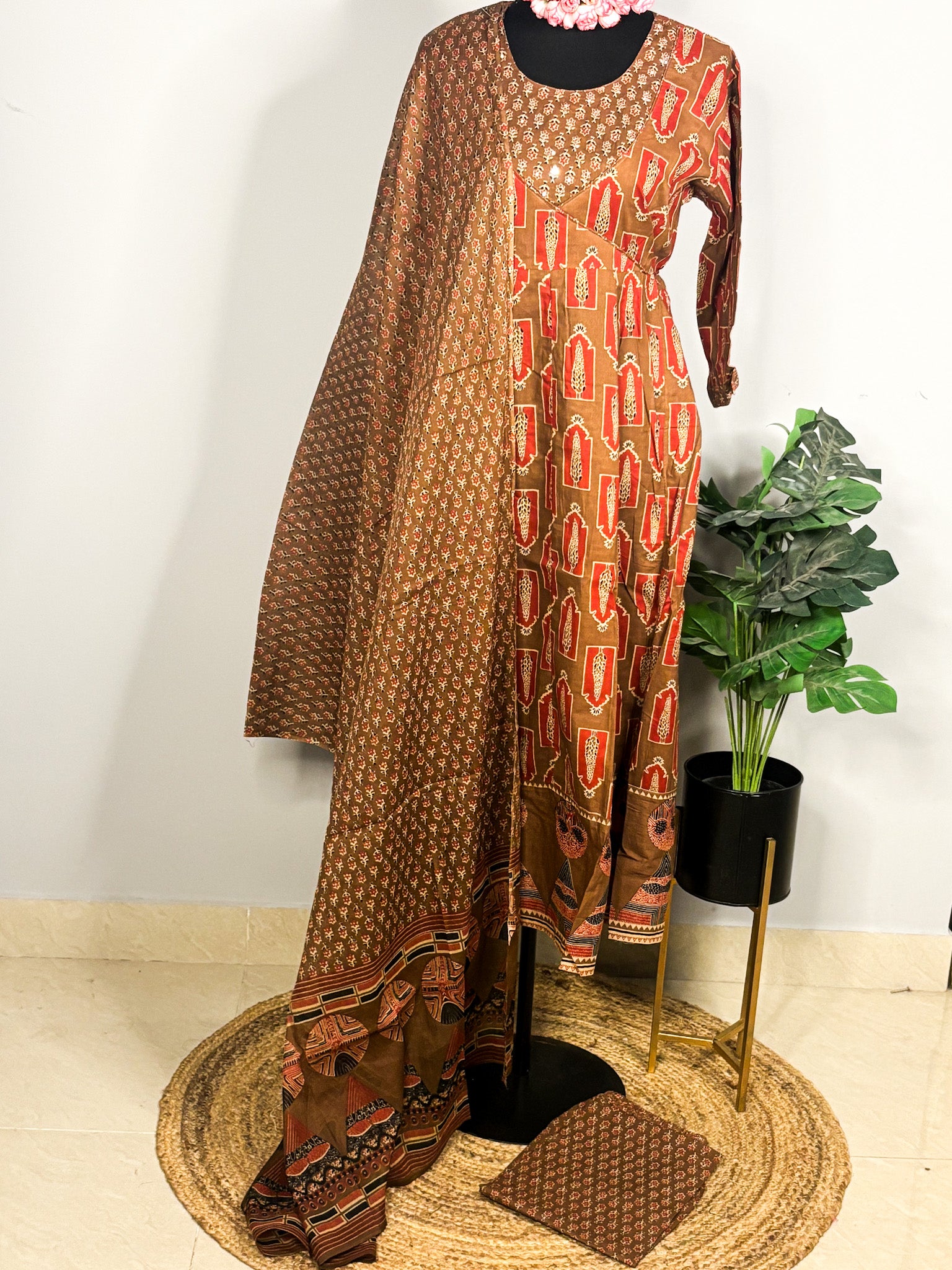 Brown pure cotton 3-piece kurta set