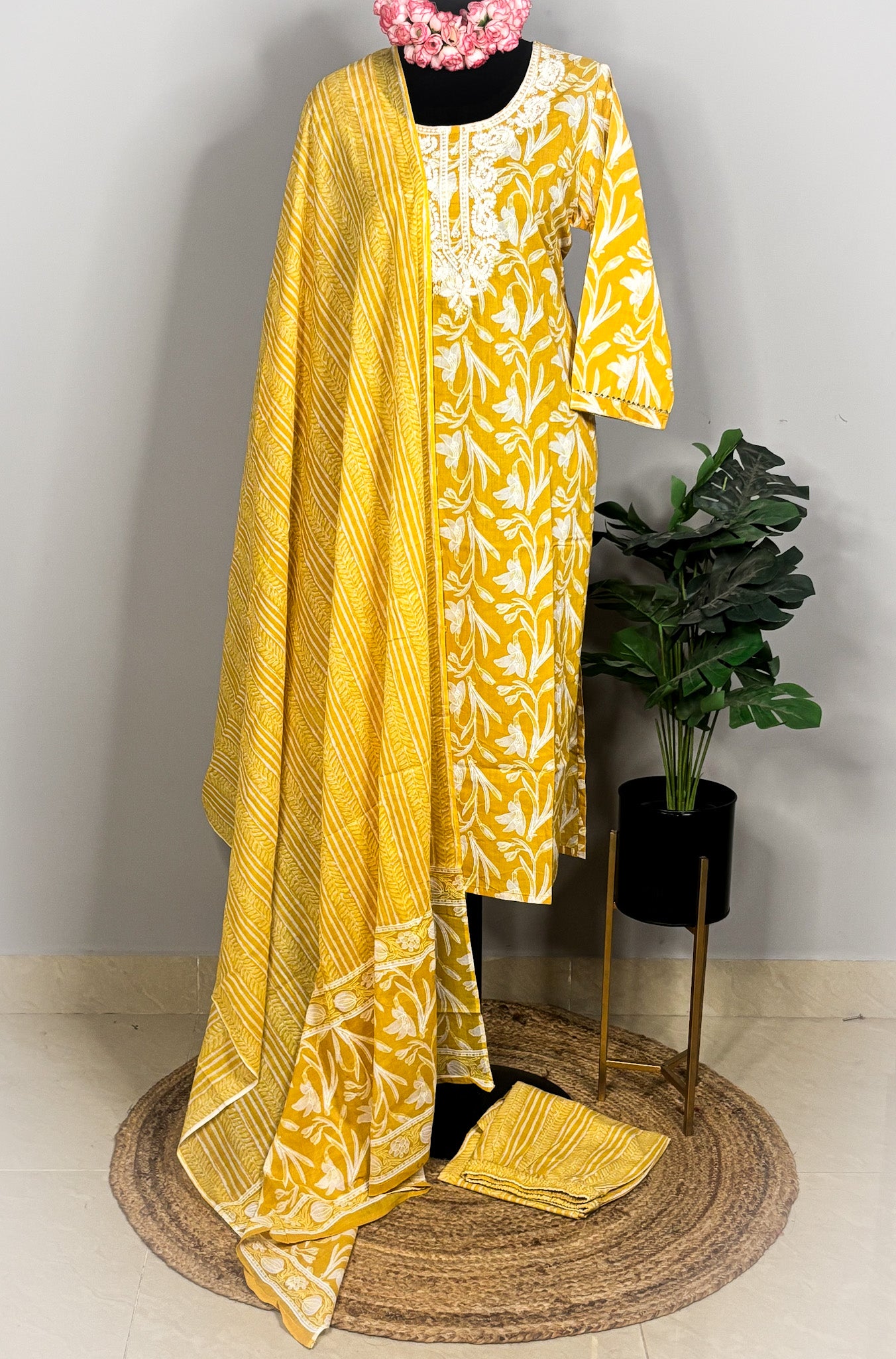 Mustard yellow pure cotton 3-piece kurta set