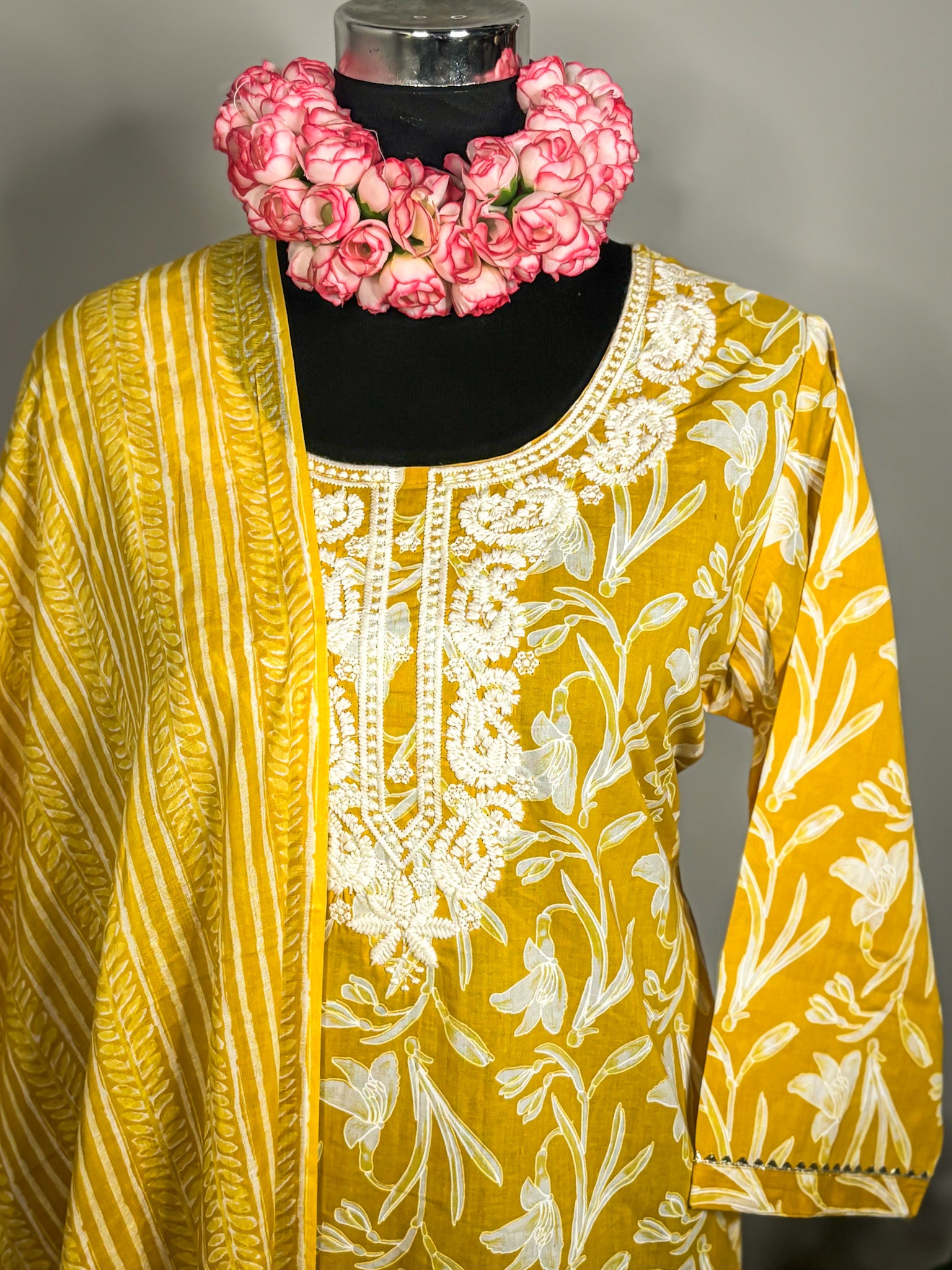Mustard yellow pure cotton 3-piece kurta set