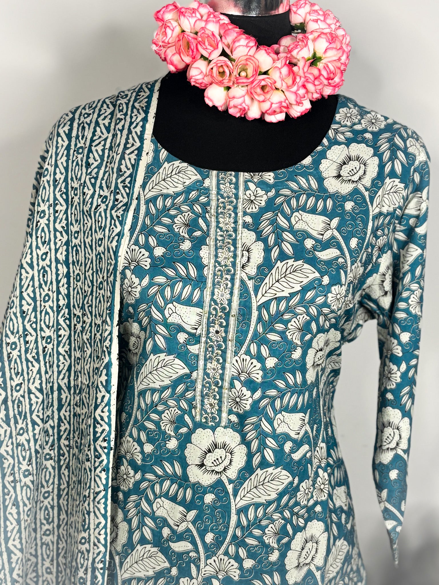 Teal pure cotton 3-piece kurta set