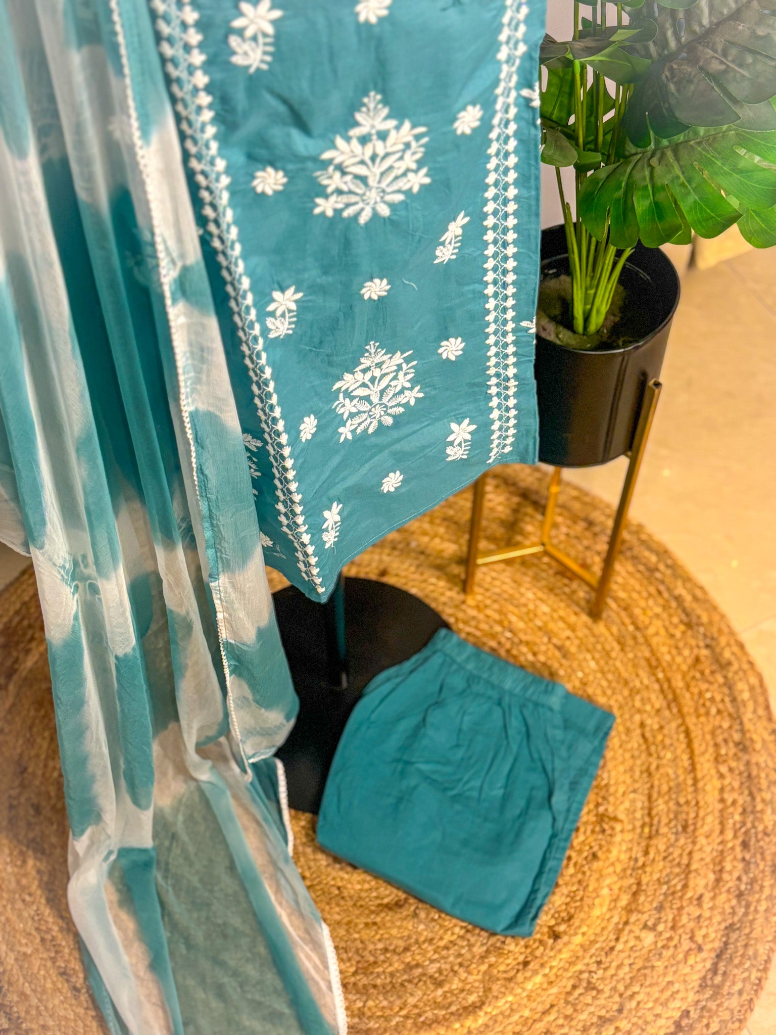 Sea green pure cotton 3-piece kurta set