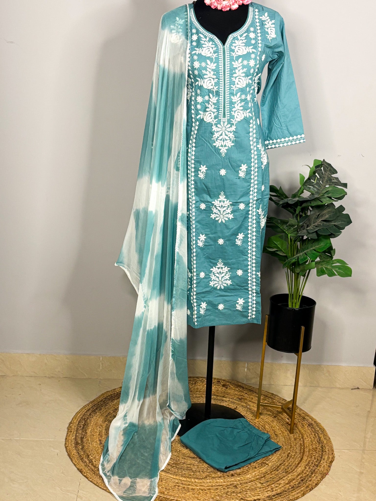 Sea green pure cotton 3-piece kurta set