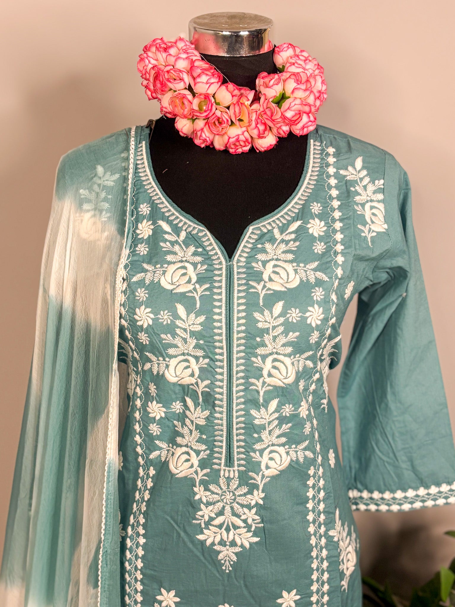 Sea green pure cotton 3-piece kurta set