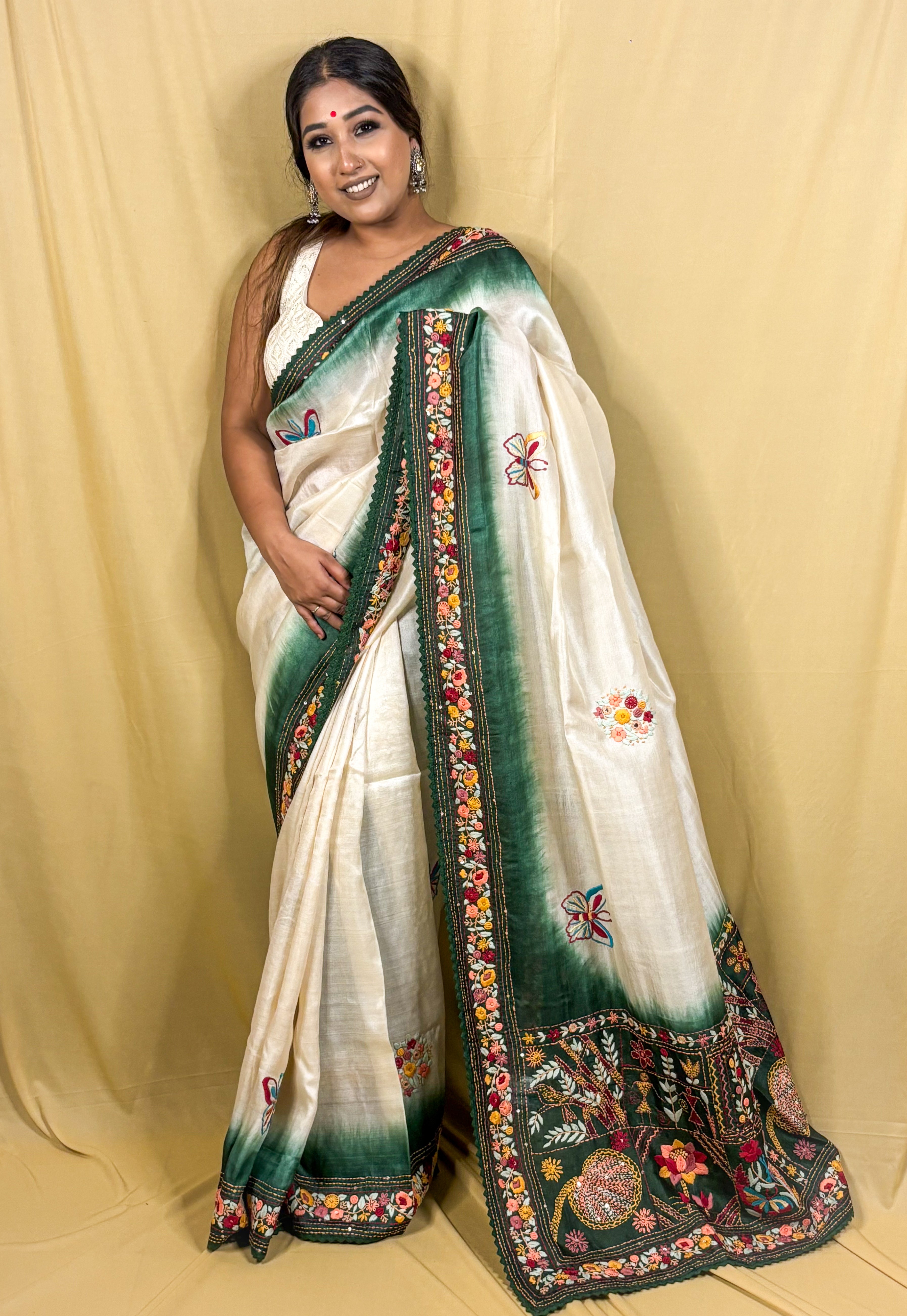 Pure Tussar Bulian Handstitch Saree