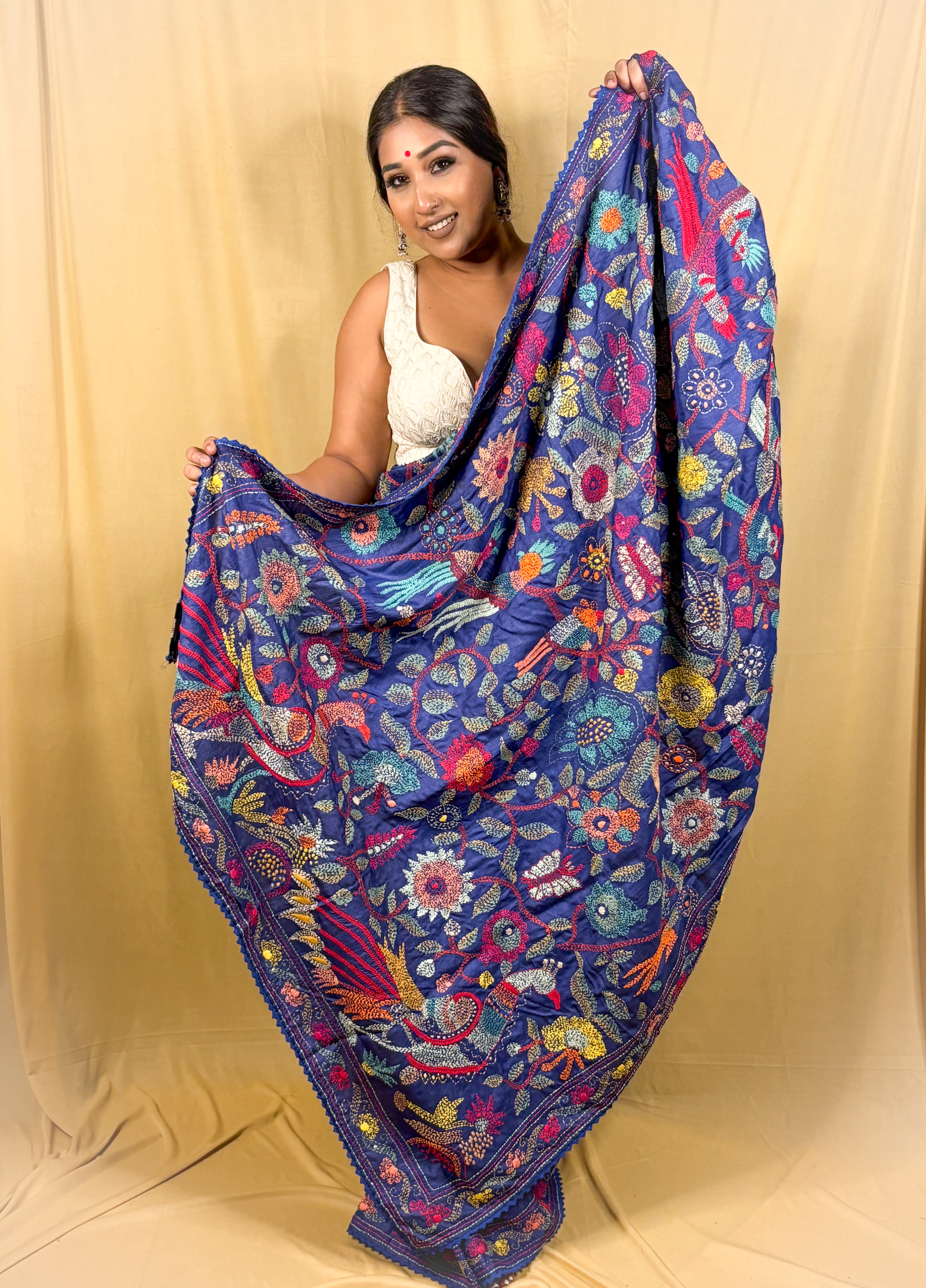 Pure Tussar Kantha Fusion Saree