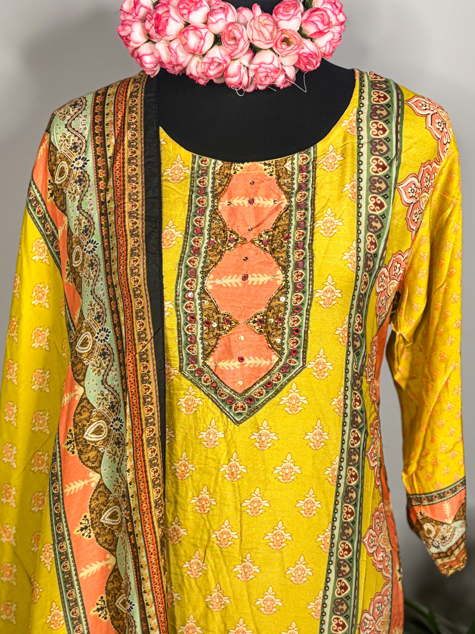 Bright yellow rayon 3-piece kurta set