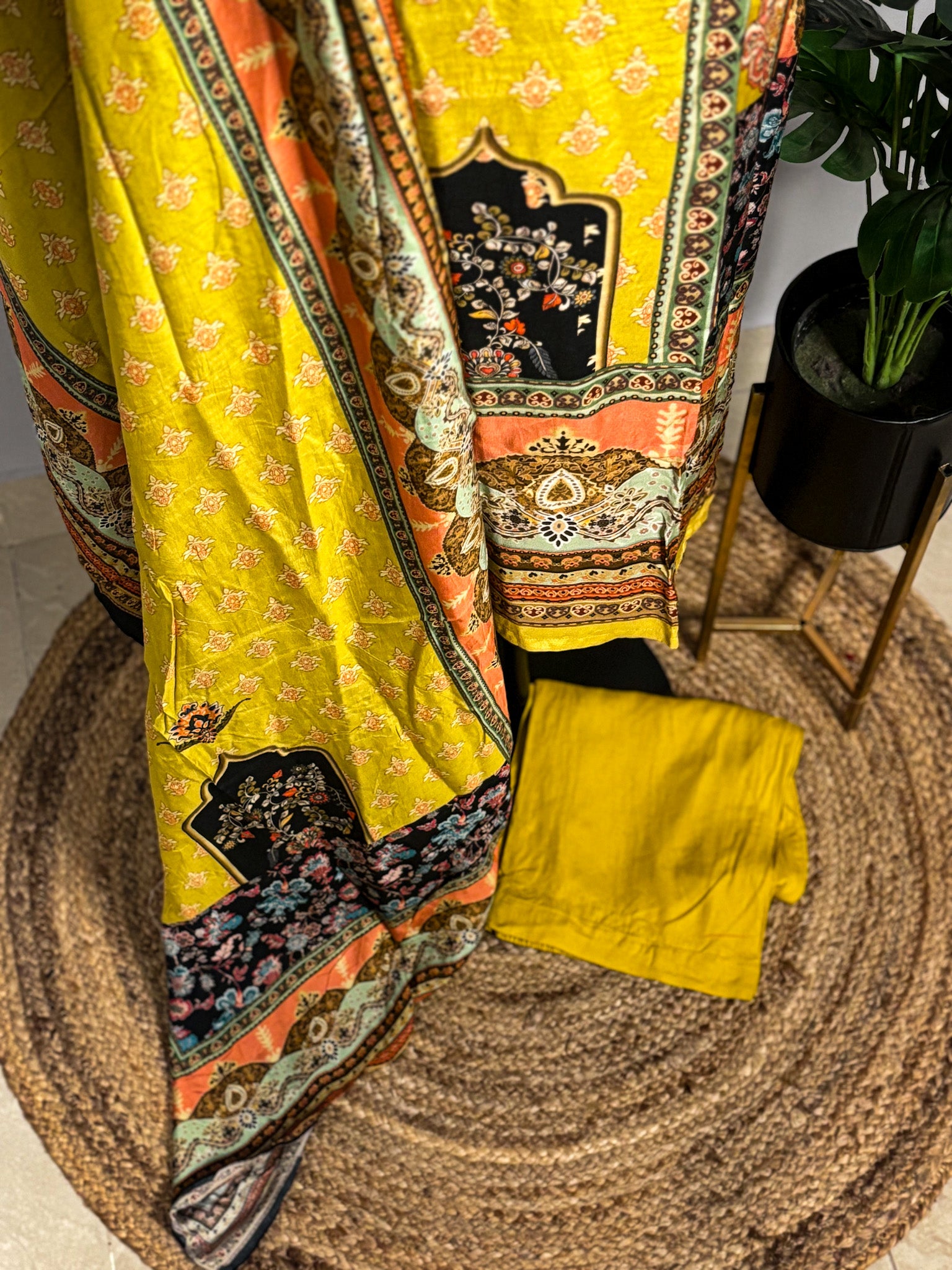 Bright yellow rayon 3-piece kurta set