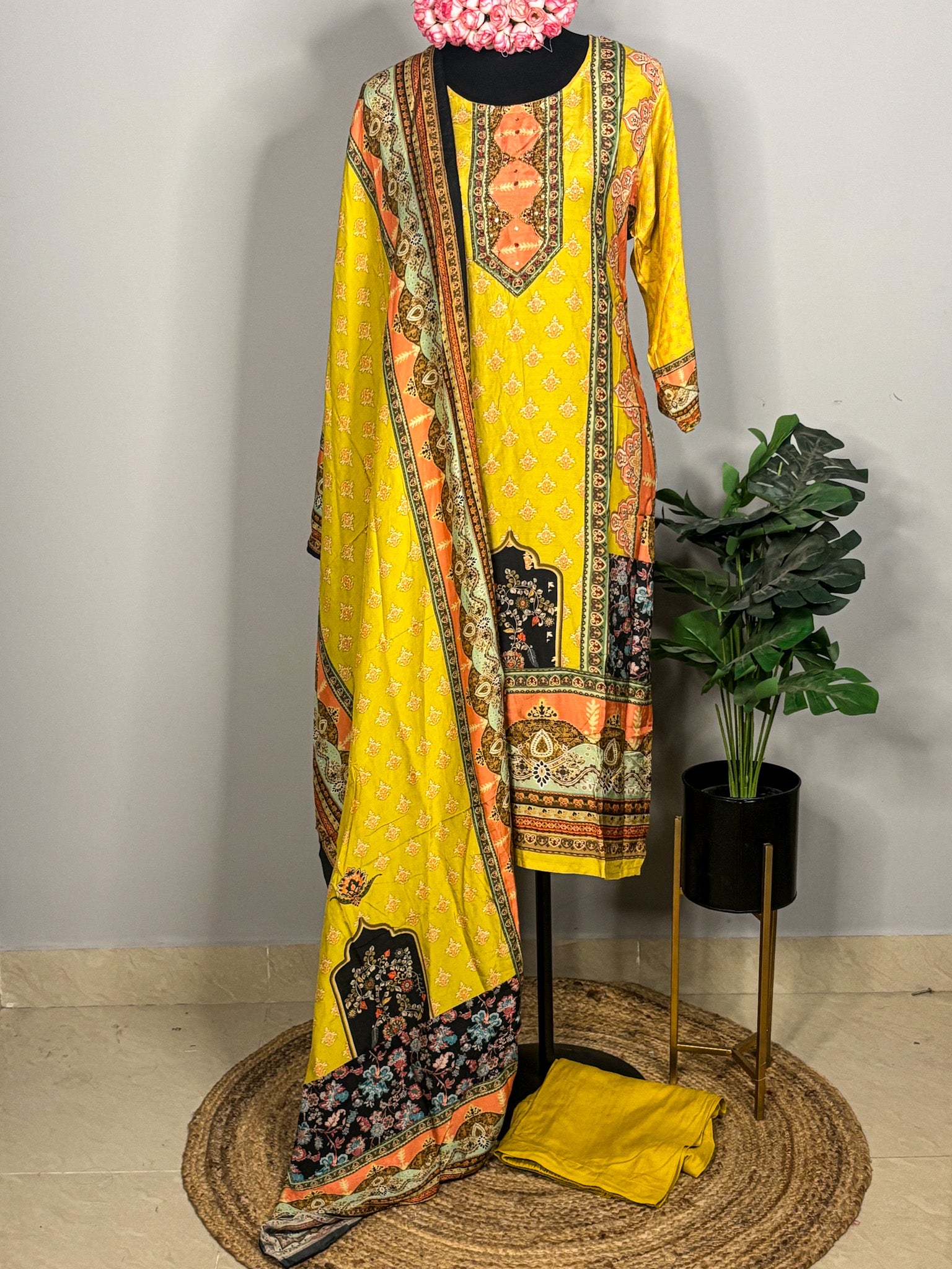 Bright yellow rayon 3-piece kurta set